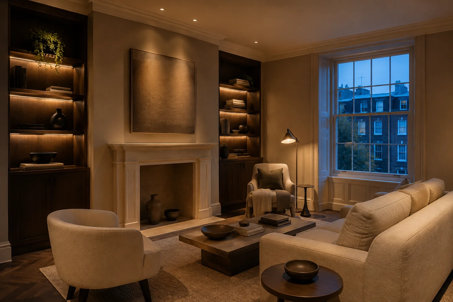 Layered evening lighting in a drawing-room design concept